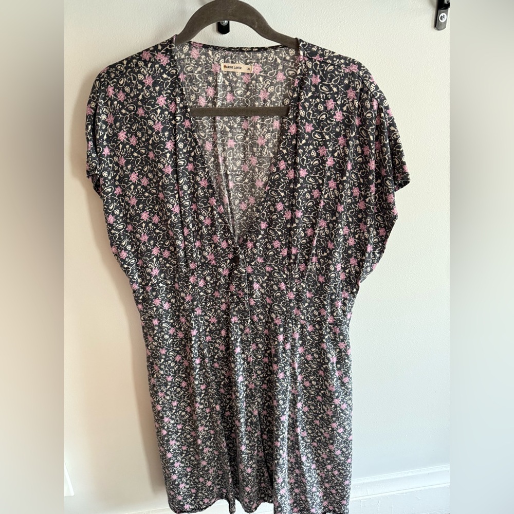 Marine Layer Black Midi Dress with Pink Floral Print